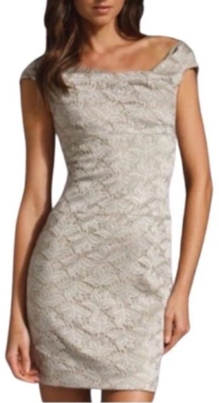 NWT Black Halo Jackie O Lace Off-the-Shoulder Mini Sheath Dress Champagne Size 6